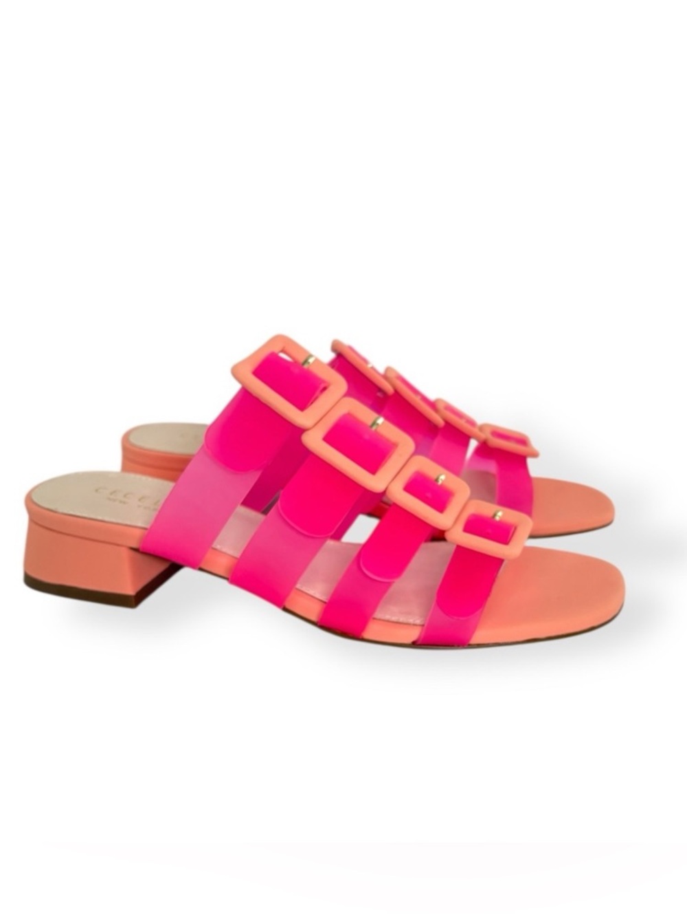 Cecelia New York Vibrant Pink and Peach Buckle Rubber Strap Sandals, Size 7